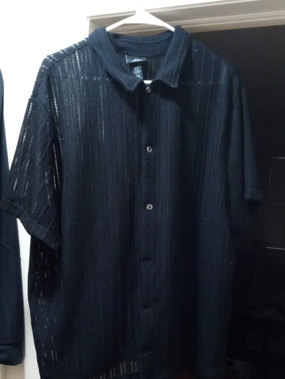 H&M Black Short-Sleeve Open-Knit Button-Down Shirt